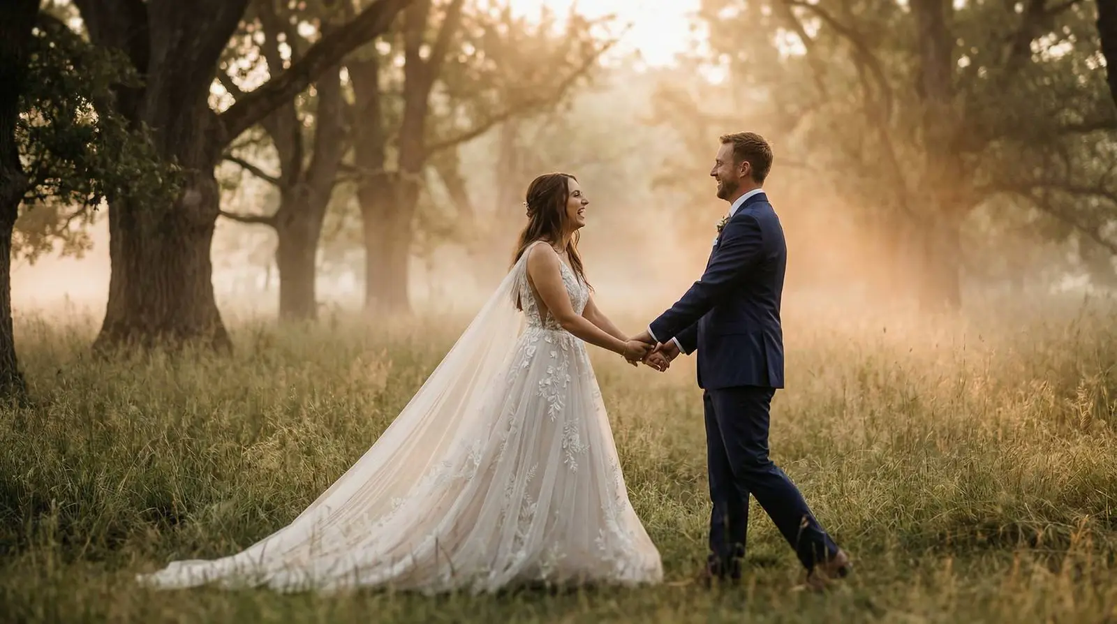 Bride and groom walking in golden hour light
